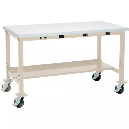 Global Industrial Mobile Workbench, 72 x 24", Power Outlets, Laminate Square Edge, Tan