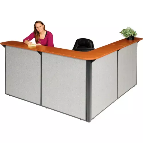 interion-l-shaped-reception-station-80-w-x-80-d-x-44-h-cherry-counter-gray-panel Interion L-Shaped Reception Station, 80"W x 80"D x 44"H, Cherry Counter, Gray Panel