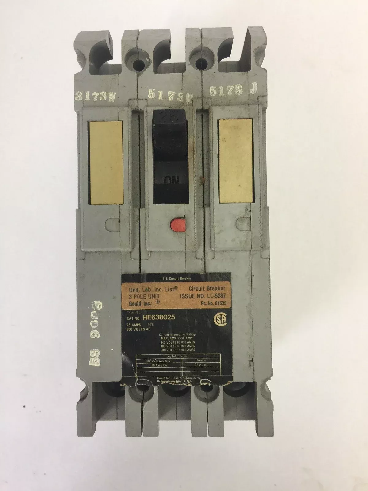 ite-he63b025-circuit-breaker-600vac-25amp-3-pole ITE HE63B025 CIRCUIT BREAKER 600VAC 25AMP 3 POLE