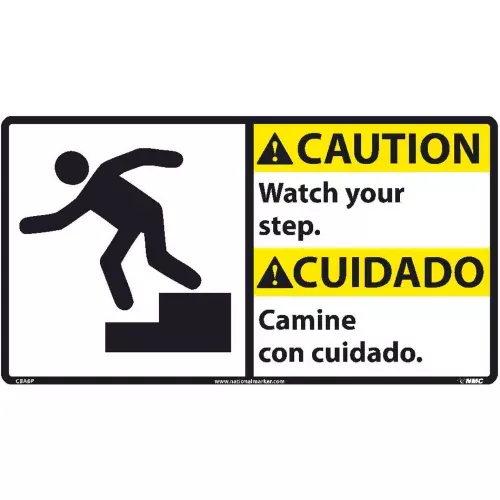 nmc-bilingual-vinyl-sign-caution-watch-your-step-18-w-x-10-h NMC Bilingual Vinyl Sign, Caution Watch Your Step, 18"W x 10"H